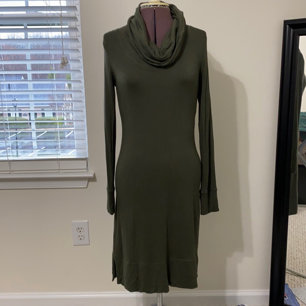 Soft Long-Sleeve Cowl Neck Dress - Olive